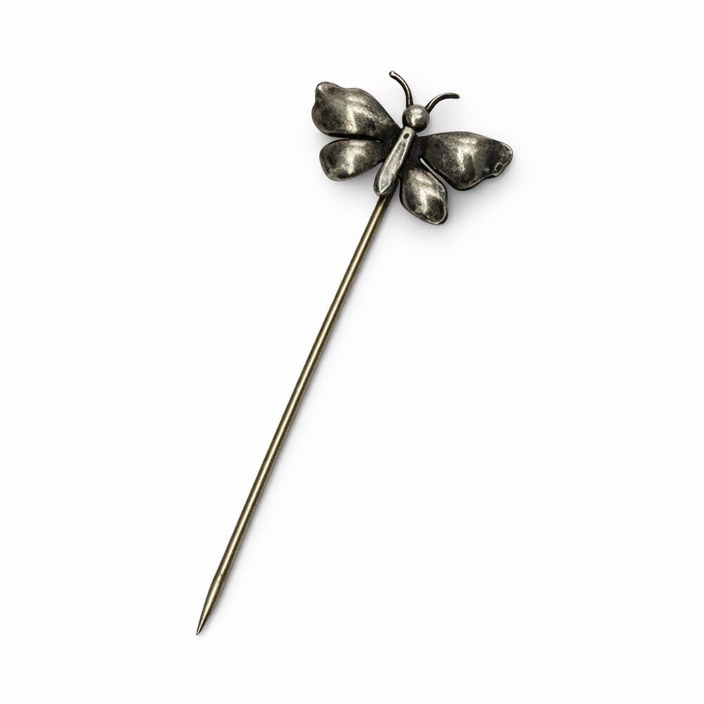 Vintage Butterfly Stick Pin Hat Pin Silver Tone Oxidized Victorian Style Antique